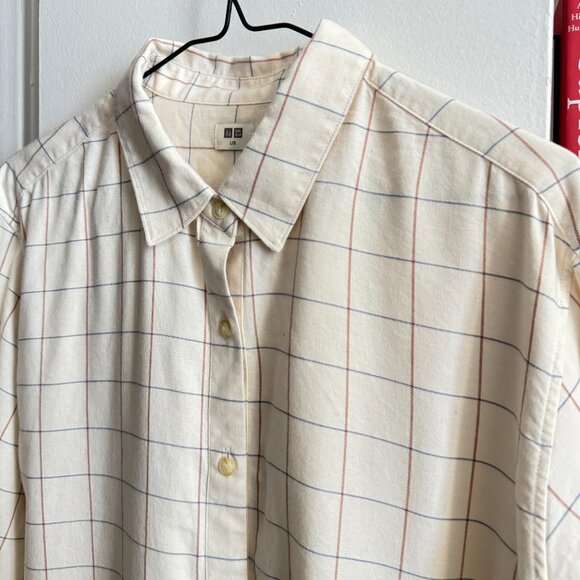 BRAND NEW | UNIQLO SOFT BRUSH BEIGE WHITE PLAID BUTTON SHIRT | SIZE L - Picture 8 of 10